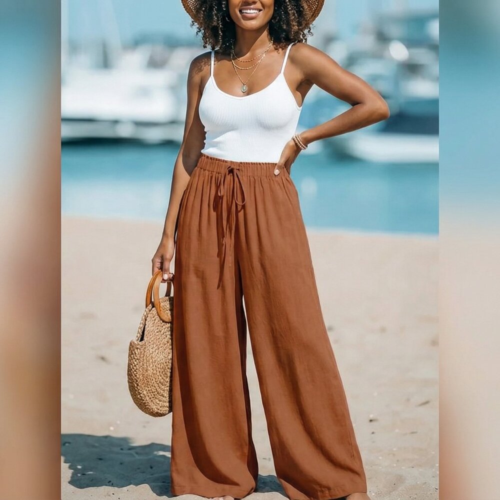 Long Length Elegant Wide Leg Pants - Soft Polyester, Fake Drawstring, - Picture 3 of 7